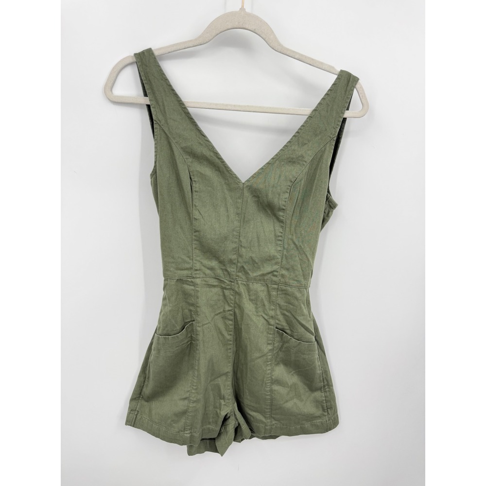 Aerie Tie Back Romper Women XS Green Cotton Sleeveless V-Neck Cutout Pockets